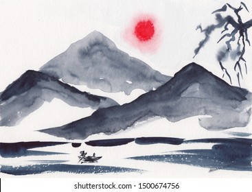 Watercolor painting of asian mountains, red sun & tree branch. Hand drawn oriental style landscape with layers of rocks. Concept for decoration, relaxation, restore, meditation background.