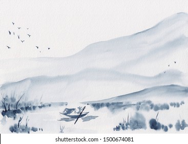 Watercolor Painting Of Asian Mountains, River And Fisherman Boat. Hand Drawn Oriental Style Landscape With Layers Of Rocks, Birds. Concept For Decoration, Relaxation, Restore, Meditation Background.
