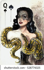 Watercolor painting of a beautiful brunette woman with a yellow snake as a queen playing card. Anaconda boa. Burlesque.