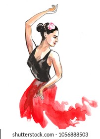 Watercolor Painting Of A Beautiful Flamenco Dancer In Traditional Clothing
