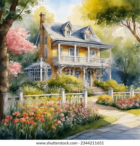 watercolor painting of beautiful house and front yard garden. landscape painting with building, country style house, courtyard, garden, colorful flowers, pathway, white fence, trees and bright sky 