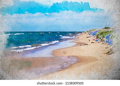 Watercolor Painting Of Beautiful Tranquil Landscape Of Lakeshore With Waves, Sandy Beach, And Beachgrass