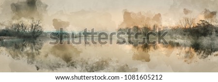 Watercolor painting of Beautiful tranquil landscape panorama of lake in mist