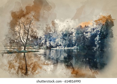 Watercolor painting of Beautiful unusual false color lake landscape