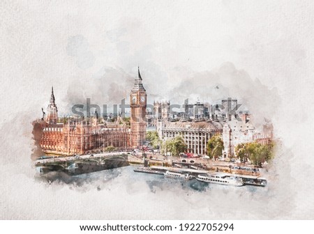 Watercolor painting of Big Ben, Westminster Palace in London, the UK. English symbol artistic picture.
