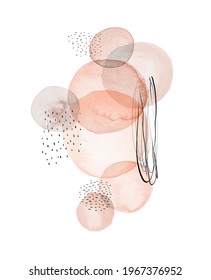 Watercolor Painting With Big Pastel Color Circles And Ink Spots. Abstract Minimalist Art. Gray And Blush Pink Dots On A White Background. Modern Print Ideal For Card, Wall Art, Room Decoration. 