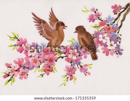 Royalty Free Stock Illustration Of Watercolor Painting Birds Flowers