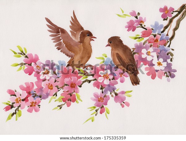 Watercolor Painting Birds Flowers Stock Illustration 175335359