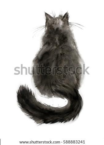Watercolor painting of black fluffy cat. Back view. Hand drawn ink art.                  