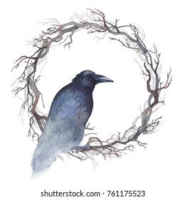 Watercolor painting of a black raven sitting inside a wreath of bare branches. 