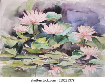 Watercolor Painting. Blooming Lotus.