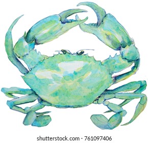 Watercolor Painting Of Blue Green Crab On White Background