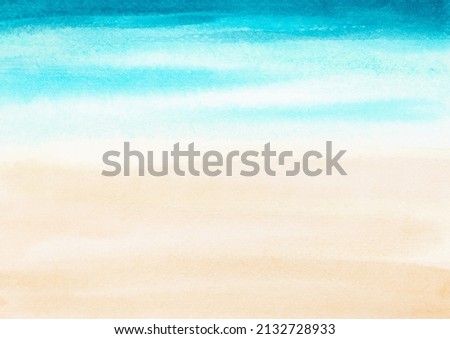Watercolor painting blue ocean wave on sandy beach background.  Abstract blue sea and beach summer background for banner, invitation, poster or web site design, imitation, space for text.