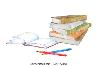 Watercolor Painting Of Book With Pencil