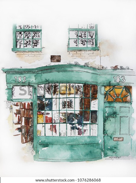 Watercolor  Painting  Bookstore  Shop Window Hand Stock 