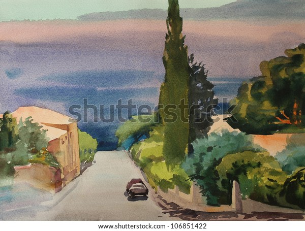 Watercolor painting\
of the building in\
Provence