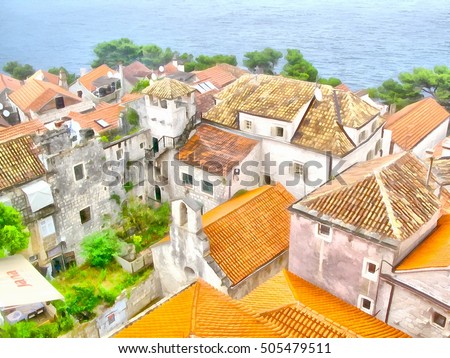 watercolor painting  of burning bright in the sun orange roofs Mediterranean coastal homes