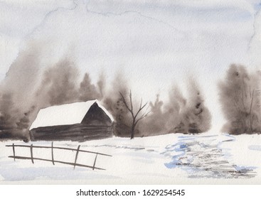 Watercolor Painting With Calm Serene Countryside Landscape In Snowy Winter Season. Peaceful Village Scene With A House, Garden Trees & Snow. Traditional Eastern European Scenery. Farm In Belarus.