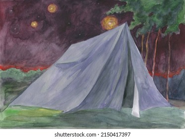 Watercolor Painting. Camping Tent.night Forest. Illustration. 
