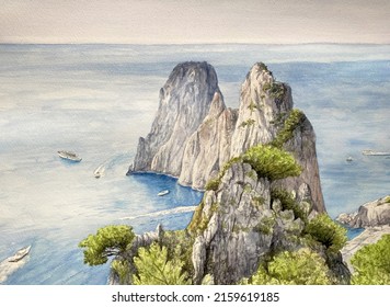 Watercolor Painting Of Capri Island, 