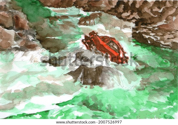 Watercolor\
painting. The car fell into the rushing\
water.