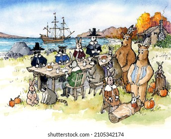 Watercolor Painting Cartoon Of The First Thanksgiving Depicted With Rabbits, Raccoons, And Bears Gathered Around A Log Table Beside Plymouth Rock And Plymouth Bay. The Ship Mayflower Sits  In The Bay 