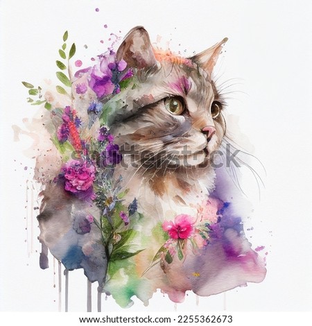 A watercolor painting of a cat showcases its soft fur and playful nature. The delicate brushstrokes bring out the feline's unique expression and create a sense of movement. The vibrant colors used add