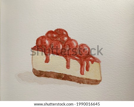 Watercolor painting of cherry cheese cake on white background