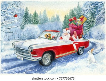 Watercolor Painting. Christmas Card.