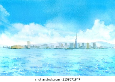 Watercolor painting of cityscape around Fukuoka Tower seen from the sea