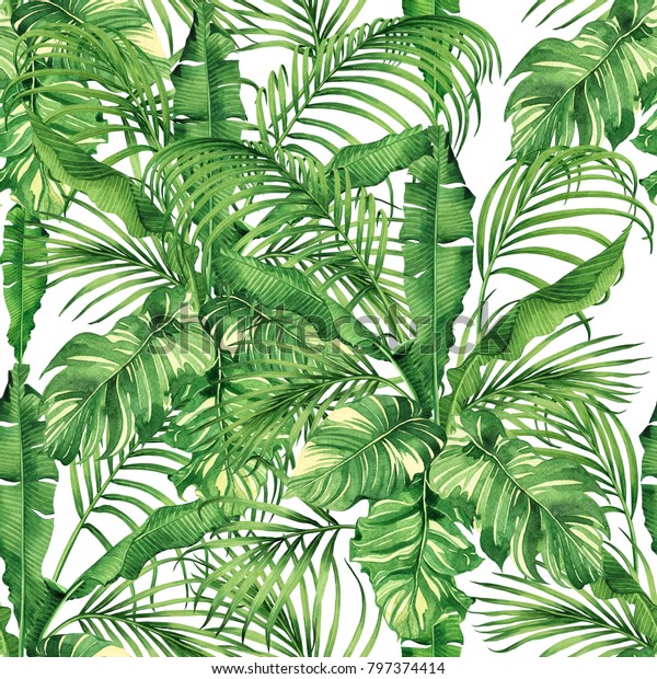 水彩画のココナツ バナナ ヤシの葉 緑の葉はシームレスなパターンの背景に残る 水彩画手描きのイラスト 壁紙用の熱帯風の異国風の葉版 織物 ハワイ アロハジャングル風 のイラスト素材