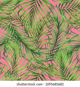 Watercolor Painting Coconut,palm Leaf,green Leave Seamless Pattern Background.Watercolor Hand Drawn Illustration Tropical Exotic Leaf Prints For Wallpaper,textile Hawaii Aloha Jungle Style Pattern.