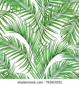 Watercolor Painting Coconut,palm Leaf,green Leave Seamless Pattern Background.Watercolor Hand Drawn Illustration Tropical Exotic Leaf Prints For Wallpaper,textile Hawaii Aloha Jungle Style Pattern.