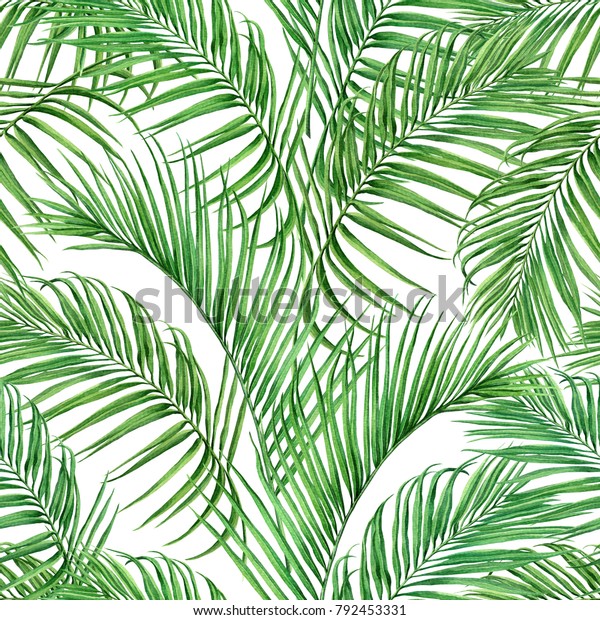 水彩画のココナツ ヤシの葉 緑の葉はシームレスな模様の背景に残る 水彩画の手描きのイラスト 壁紙用の熱帯風の異国風の葉版 繊維 ハワイ アロハジャングル風の模様 のイラスト素材