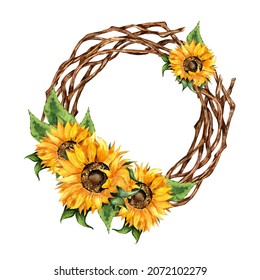 Watercolor painting colorful floral wreath with sunflowers, leaves, foliage, branches and place for your text. Perfect for wedding, quotes, birthday, boho style, invitations, greeting cards, print,