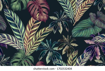 Watercolor Painting Colorful Tropical Leaf,green Leave Seamless Pattern  Dark Background.Watercolor Hand Drawn Illustration Tropical Exotic Leaf Prints For Wallpaper,textile Hawaii Aloha Summer Style