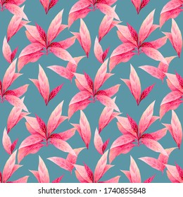 Watercolor Painting Colorful Tropical Leaf,pink Leave Seamless Pattern Background.Watercolor Hand Drawn Illustration Tropical Exotic Leaf Prints For Wallpaper,textile Hawaii Aloha Summer Style.
