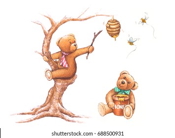 Watercolor painting and comic two bears climbing trees to collect honey Hand drawn white background High resolution Illustration for greeting cards  invitations    other printing projects  