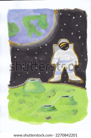 Watercolor painting. Cosmonaut hovering over a planet. Planet Earth in the background.Space, stars.Art.Painting, watercolor.A planet in green and dotted with craters.Abstract painting,man, cosmonaut.
