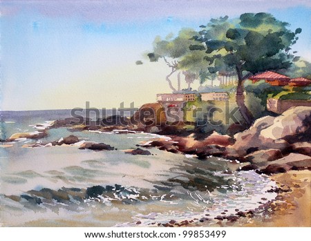 Watercolor painting of the Cote d'Azur, France.