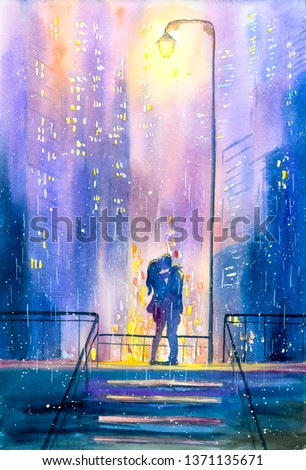 Watercolor Painting - Couple With City Street Night