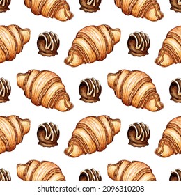 Watercolor Painting Croissant Chocolate Candy Pattern Stock ...