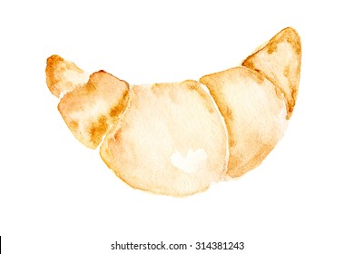 Watercolor Painting Of Croissant Isolated On White. 