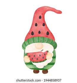 Watercolor painting cute cartoon fairy gnome watermelon head fruit costume summer season for make a card , tee , mug or bag