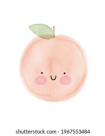 Watercolor Painting With Cute Kawaii Apple. Nursery  Illustration With Funny Red Fruit On A White Background. Lovely Print Ideal For Card, Wall Art, Poster, Kids Room Decoration. Happy Apple.