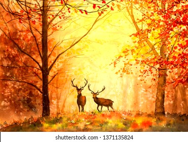 Watercolor Painting - Deer In Autumn Forest