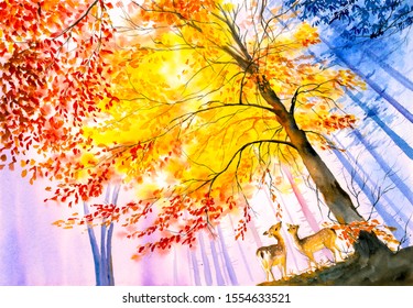 Watercolor Painting - Deer In Autumn Forest