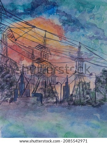 Watercolor painting. Dramatic sunset over power plant. Environmental art