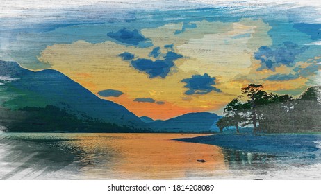 Watercolor painting of dusk at lake in District Lake, England, Europe
