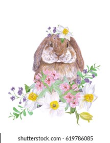 Watercolor Painting Easter Rabbit With Flowers And Basket With Eggs 